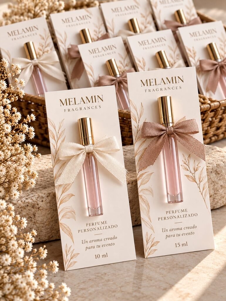 Frascos de perfume Melamin Fragrances con tarjeta personalizada para cada invitado